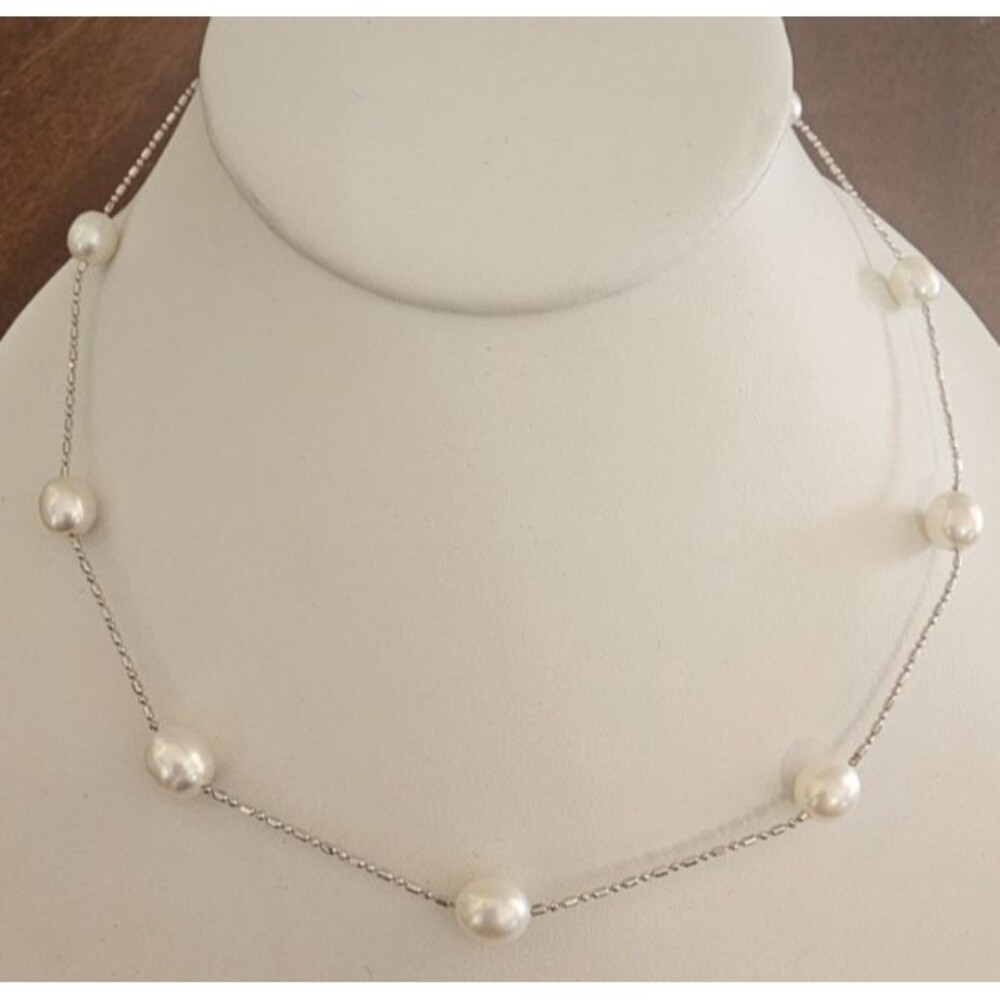 18KGP Silver Tone Chain & Faux Pearl Station Necklace 16.5"L